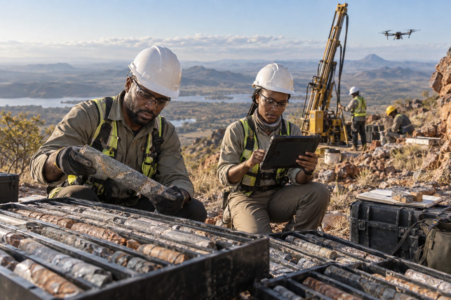 Field geologists reviewing drilling data on a ridge