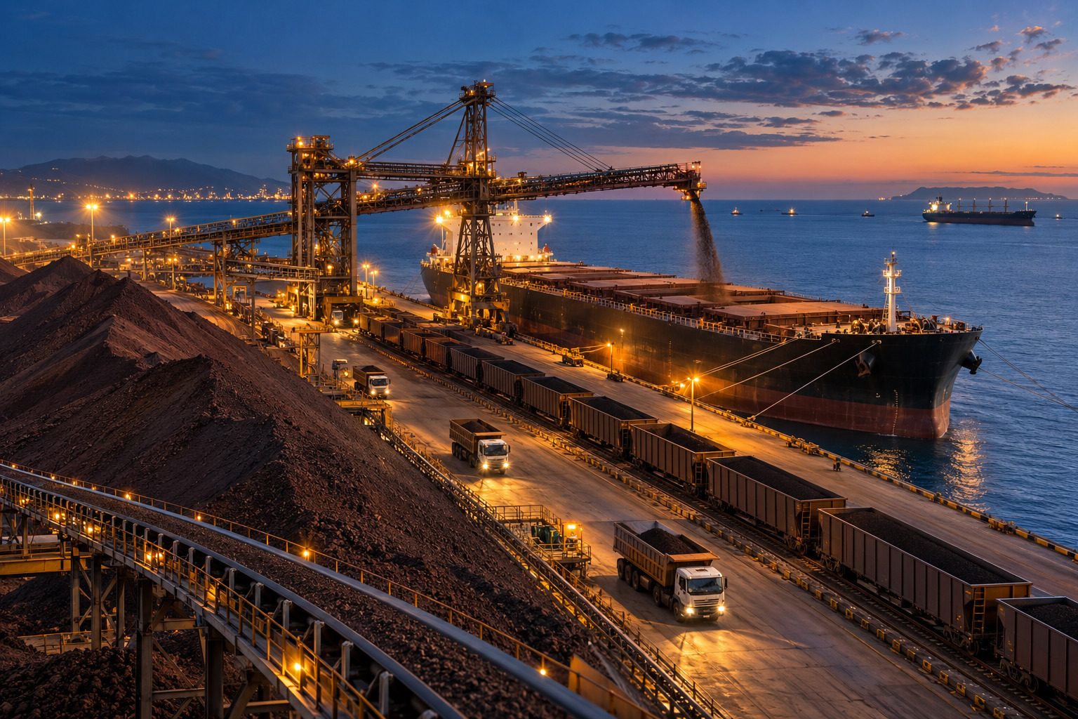 Bulk mineral loading at a port terminal at dusk