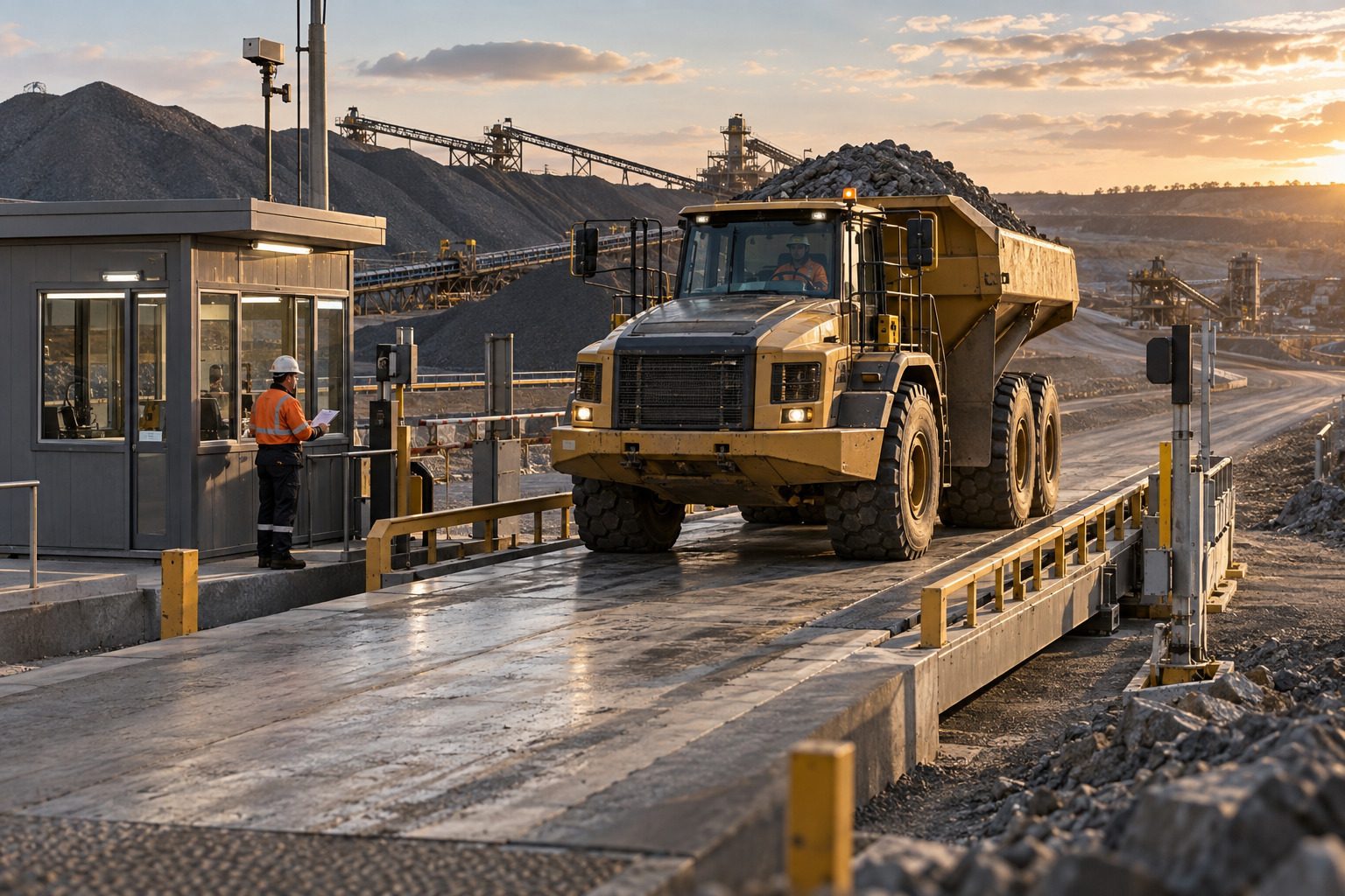 Loaded haul truck at a weighbridge and dispatch gate