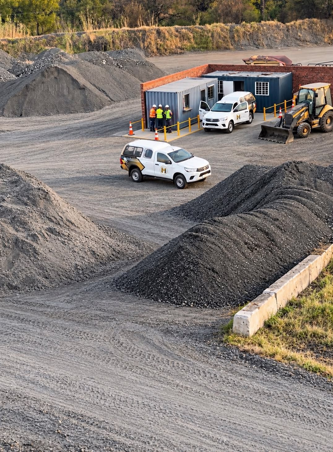 Site office beside sorted stockpiles